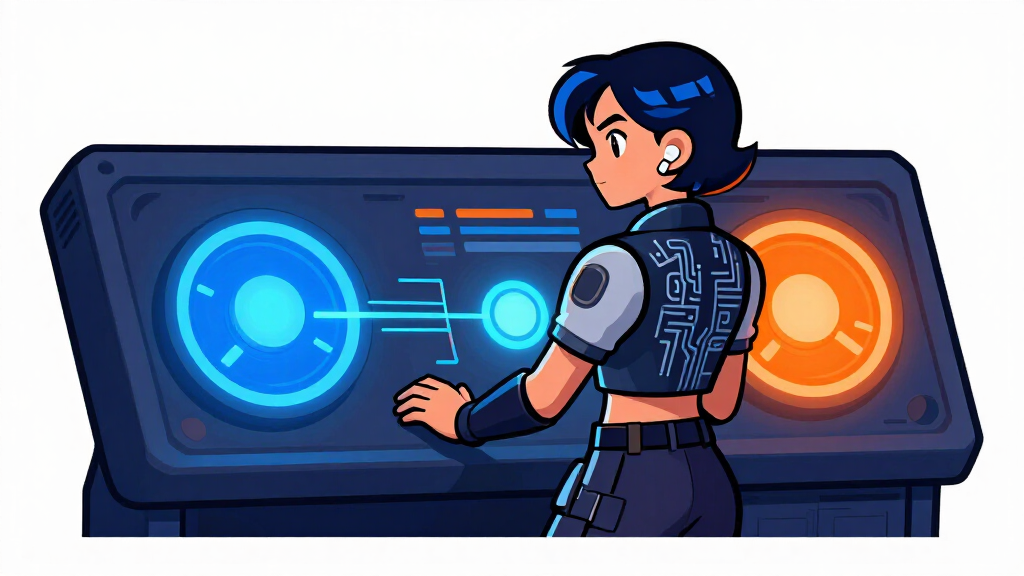 API Alice operating a retro-futuristic control panel with two glowing dials merging data streams