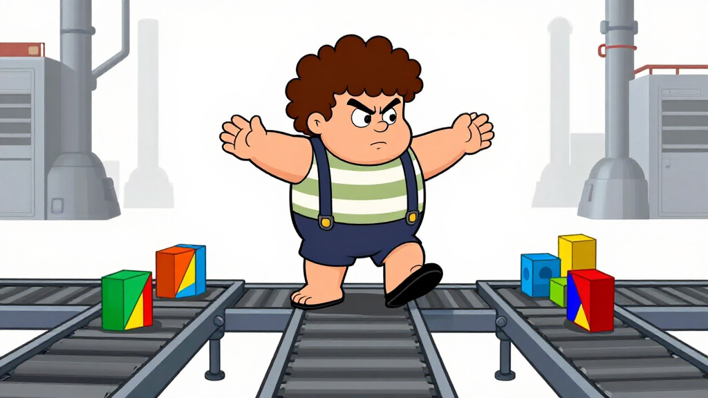 Loop Larry balancing between three parallel conveyor belts representing window function partitions