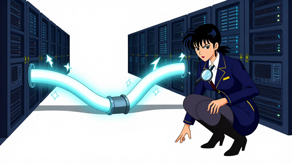 Debug Dee standing in server tunnel where two data pipeline conduits merge seamlessly