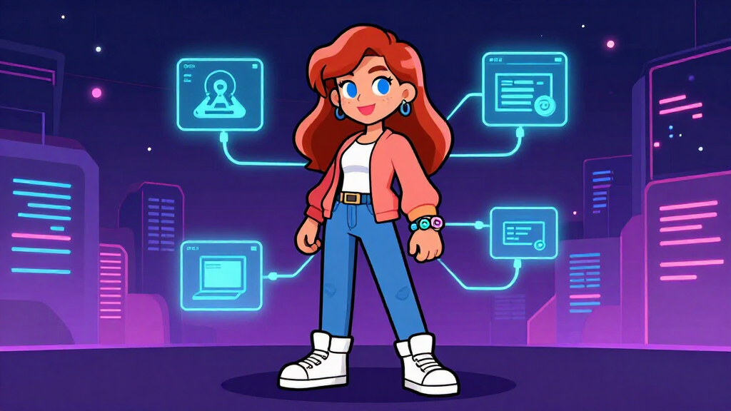 Cartoon character connecting glowing API task cables in cyberpunk cityscape