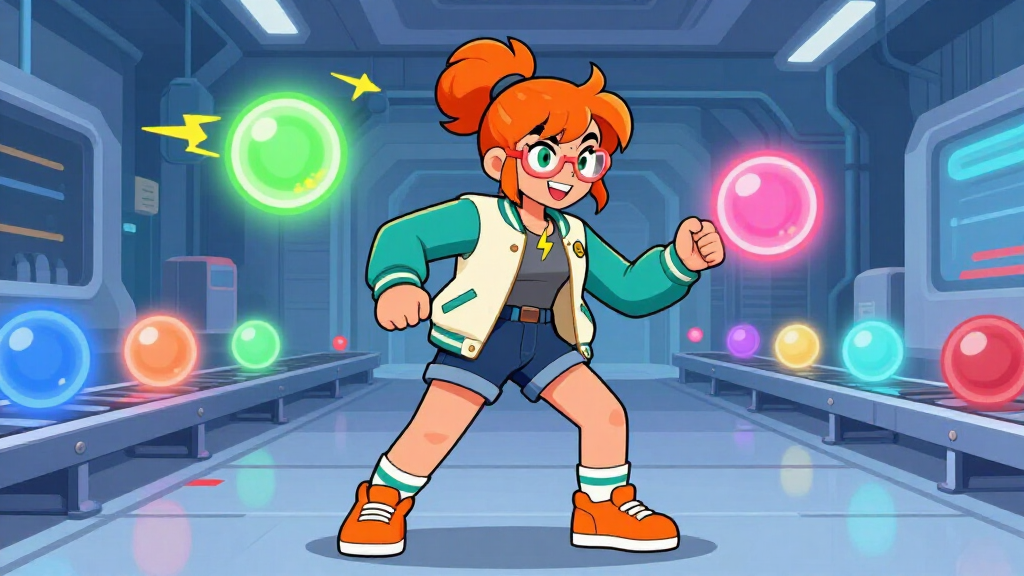 Cartoon developer launching multiple task orbs simultaneously on factory floor