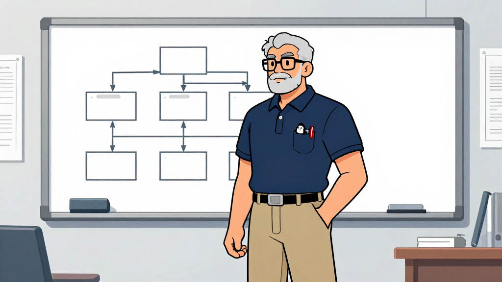 Cartoon developer drawing dependency injection diagram on whiteboard