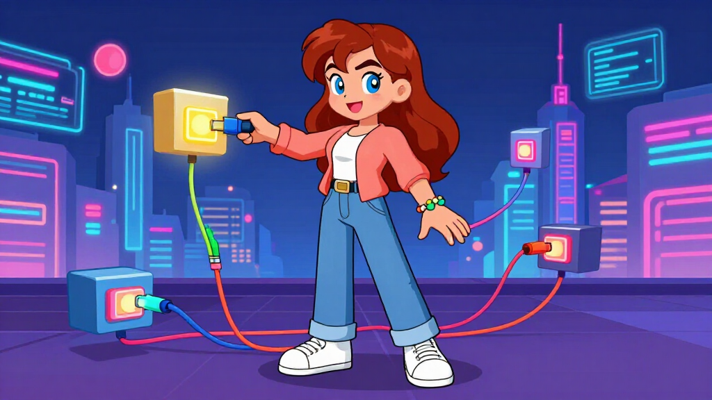 Developer connecting colorful cables between floating API service boxes
