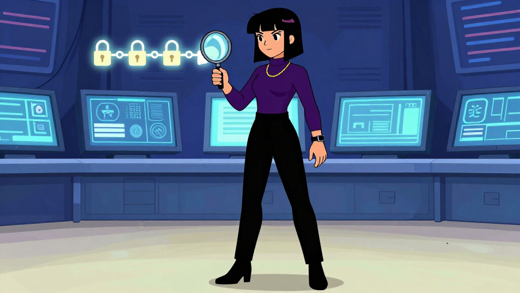 Developer inspecting a glowing chain of authentication padlock icons with a magnifying glass
