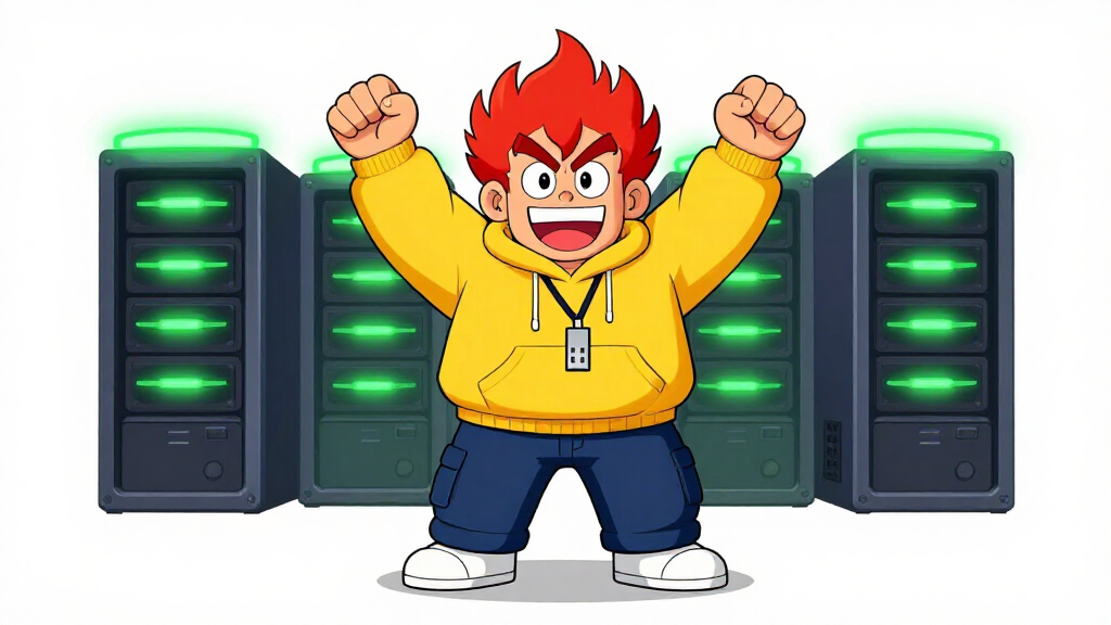 Pyro Pete standing triumphantly in front of four glowing server towers