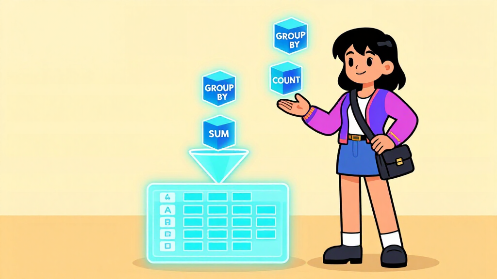 API Alice juggling GROUP BY SUM COUNT data cubes through a funnel, cartoon style