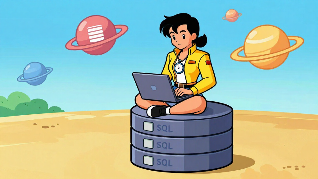 Cache Katie sitting on a SQL database cylinder with backend logos orbiting, cartoon style