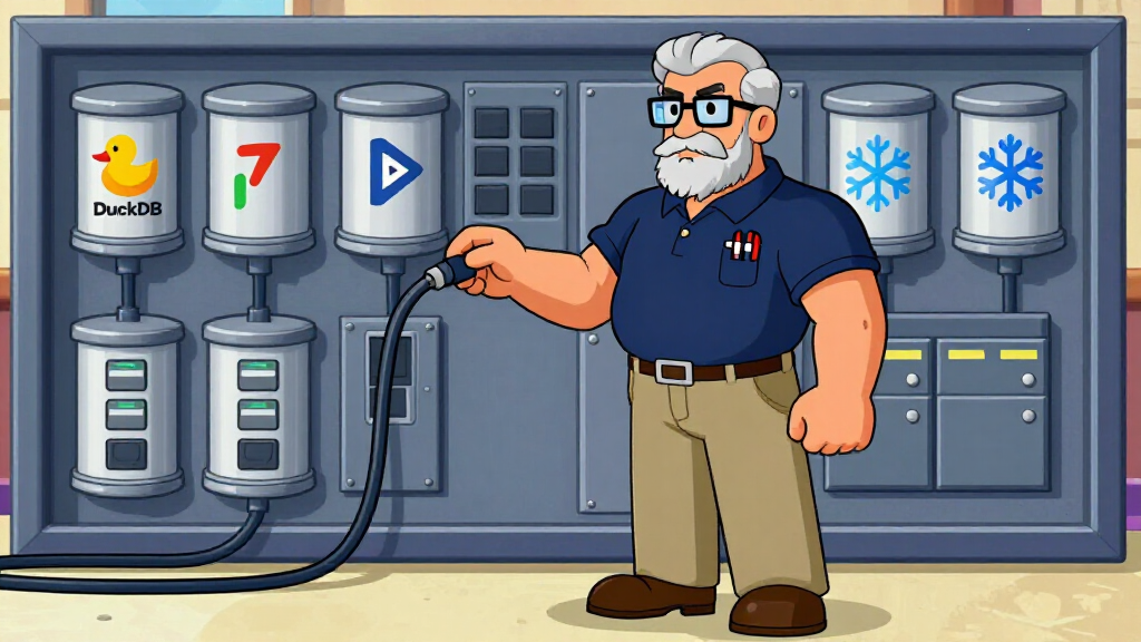 Sudo Sam connecting backends at a giant switchboard, cartoon style