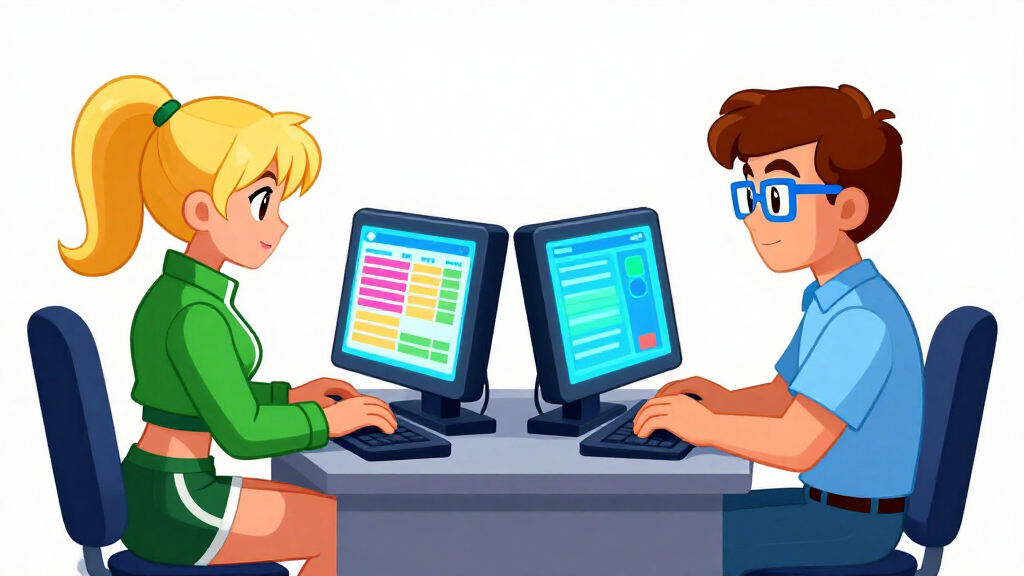 Two developer characters working in parallel at terminals with results converging