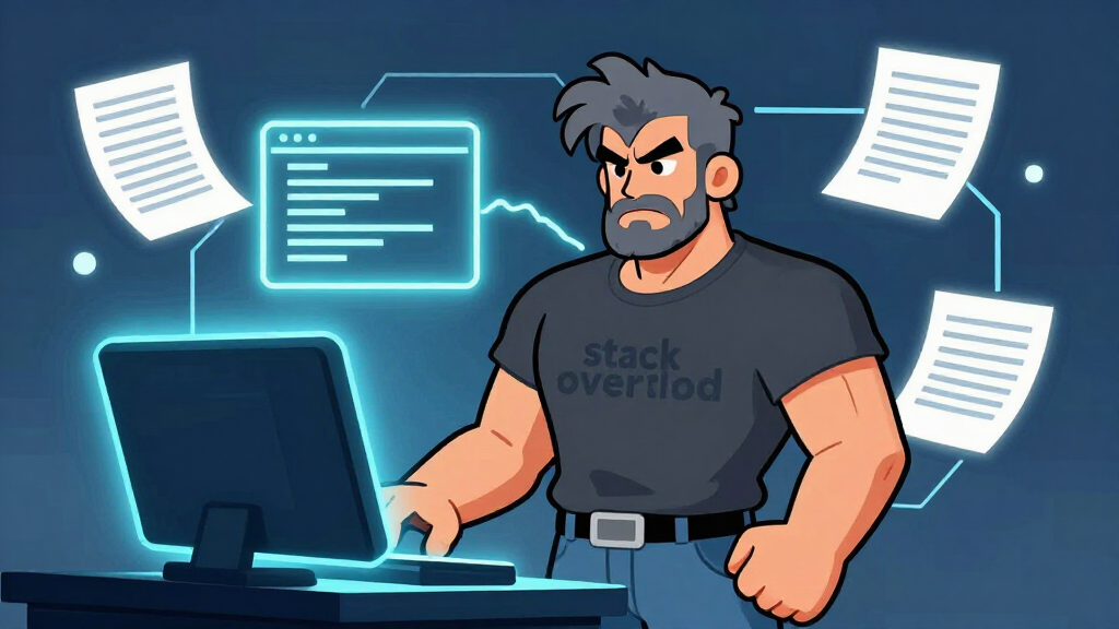 Stack Trace Steve at command-line terminal with document pages floating around