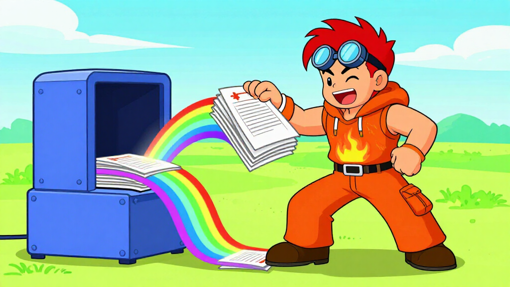 Python character feeding PDF documents into a scanning machine with colorful embeddings