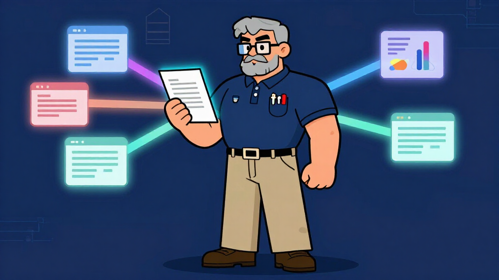 Developer character holding glowing PDF document with multimodal data beams