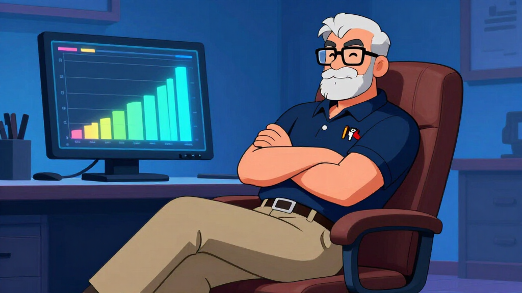 Sudo Sam relaxing in office chair satisfied with benchmark results showing JIT performance improvements