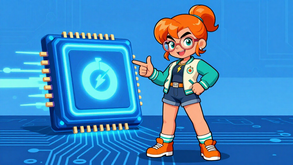Cache Katie standing next to glowing CPU chip with speed lines representing Python JIT performance