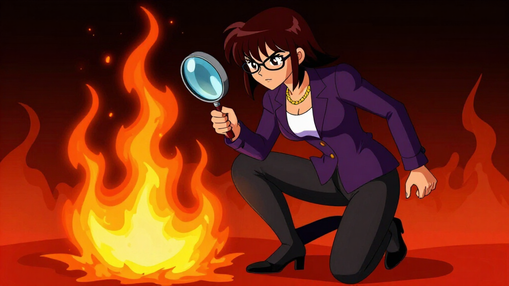 Debug Dee holding magnifying glass over flame graph profiling visualization highlighting hot code path