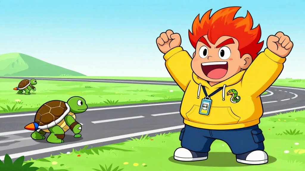 Pyro Pete cheering at turtle race where one turtle with rocket booster is slightly ahead representing JIT speedup