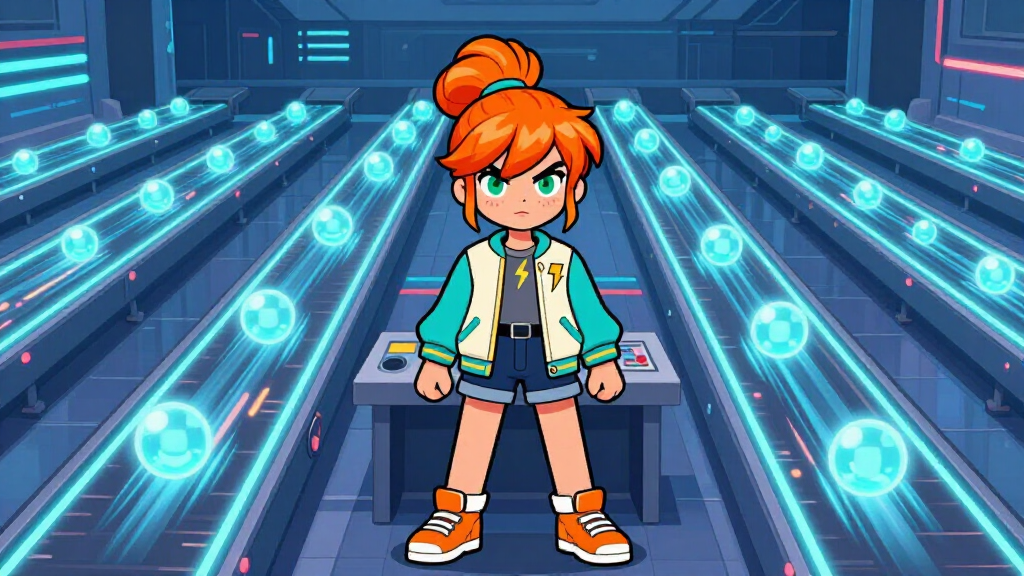 Cartoon character managing 8 parallel conveyor belts at command station