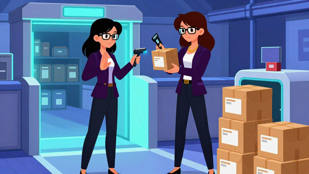 Cartoon character inspecting data packages at a security checkpoint