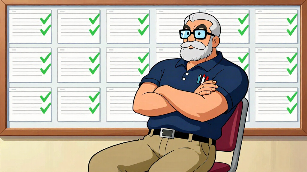 Programmer confidently surveying a wall of configuration files with green checkmarks