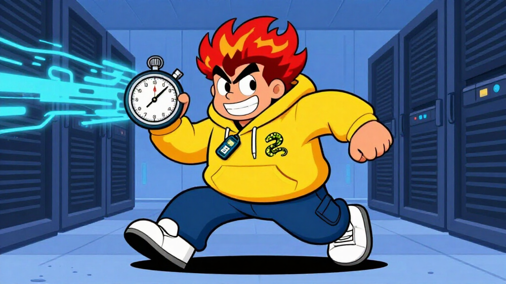 Energetic developer sprinting through server room with stopwatch showing sub-second time