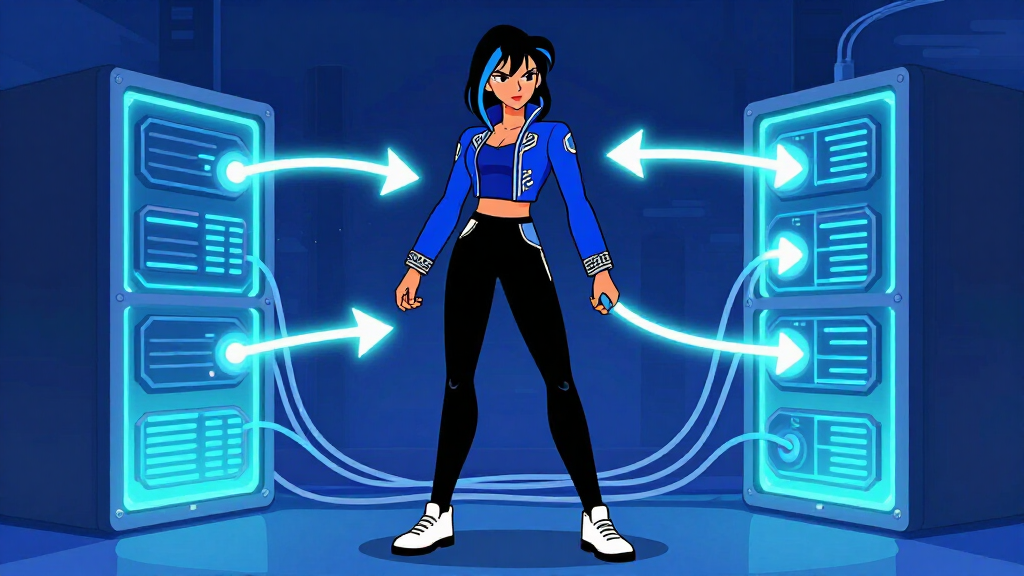 Cartoon character managing glowing fiber-optic cables between server racks in a neon-lit network hub
