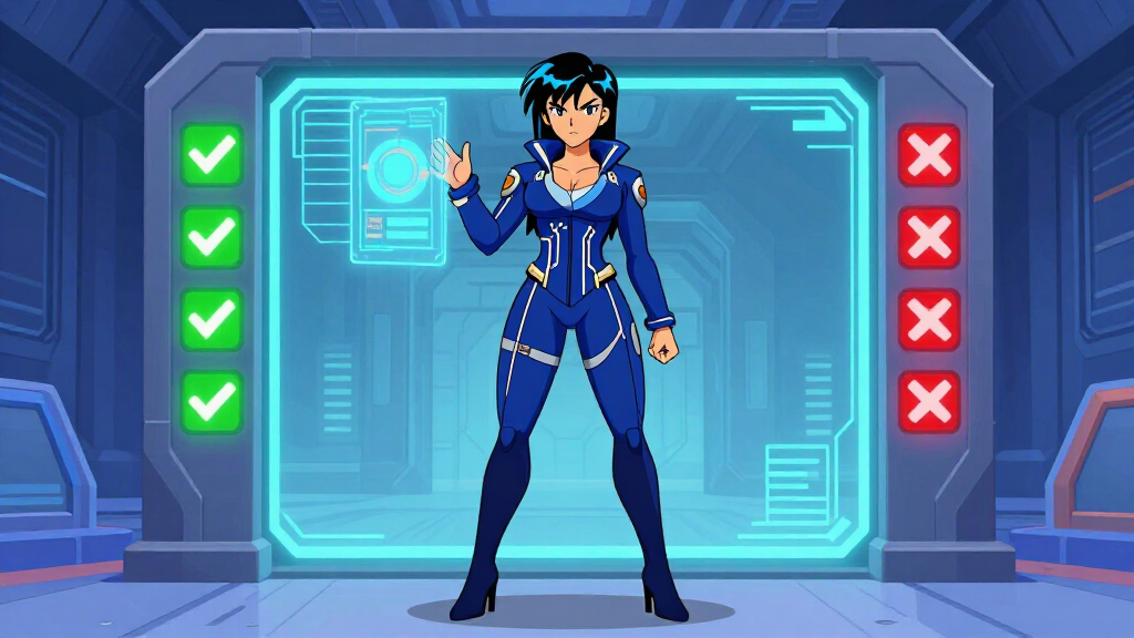 Cartoon character at a glowing holographic gate checking credentials with green and red approval lights