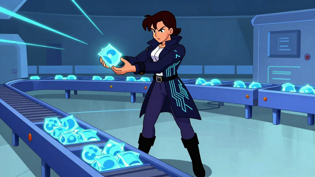 Cartoon character sorting glowing JSON data packets at a futuristic sorting facility
