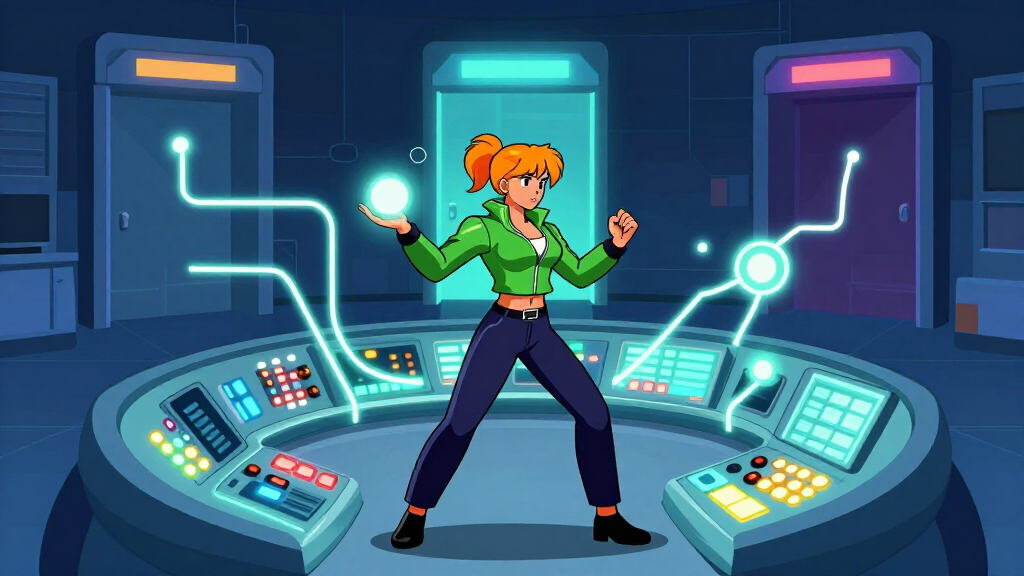 Cartoon character routing glowing message orbs between server rooms at a lit-up switchboard in a cyberpunk operations center